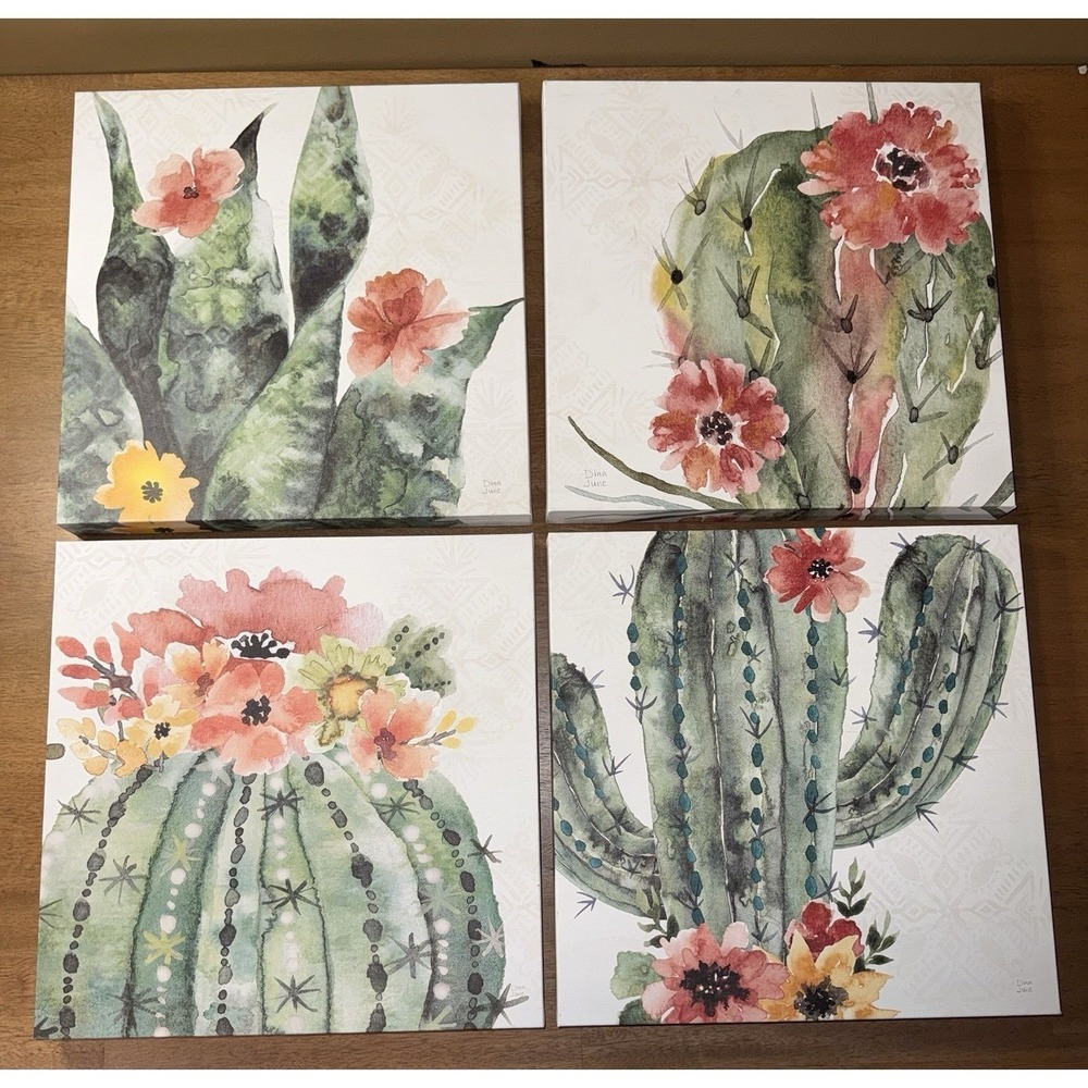 Dina June Cactus Succulent Canvas Wall Art Set 4pc Watercolor Southwest 12x12